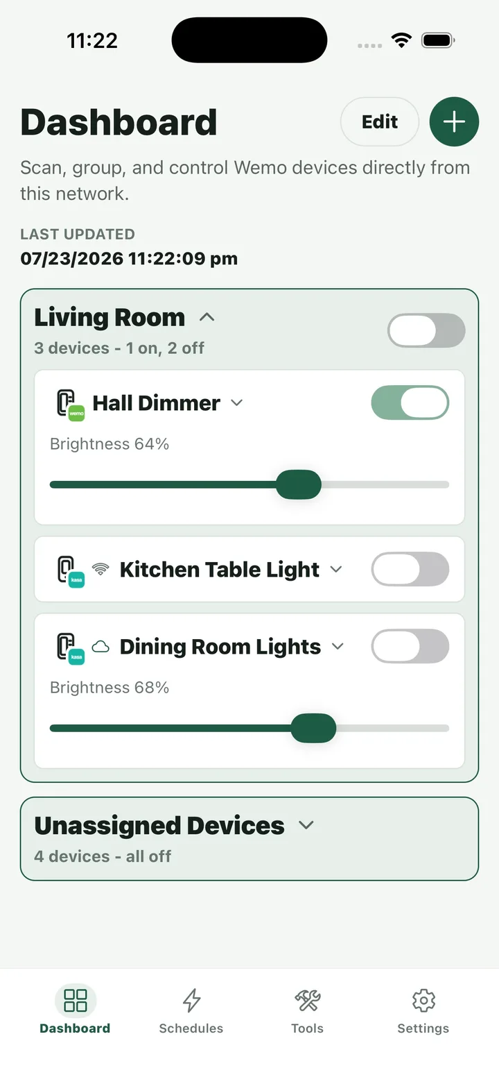 The SwitchPilot dashboard, listing smart-home devices grouped by room with toggles and brightness sliders